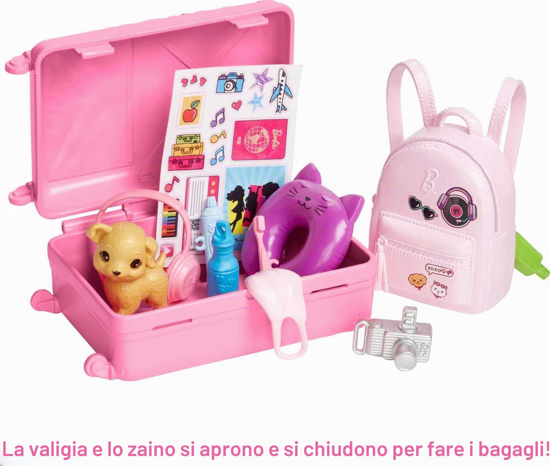 Barbie - Set da viaggio Malibu, Bambola e accessori, con cagnolino e oltre 10 pezzi, valigie funzionanti incluse, Giocattolo per Bambini 3+ Anni, HJY18