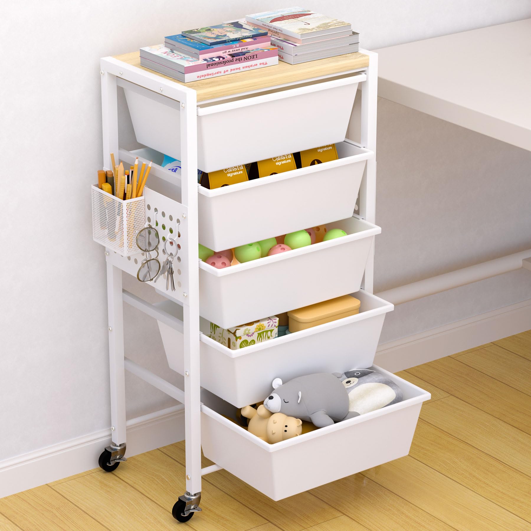 Photo 1 of ***SIMILAR*** Rolling Cart with Drawers, Rolling Storage Cart with 5 Large Plastic Drawers & Wooden Tabletop, Utility Cart with Pegboards & Basket, Storage Drawers Cart for Living Room, Classroom, Bedroom, Office