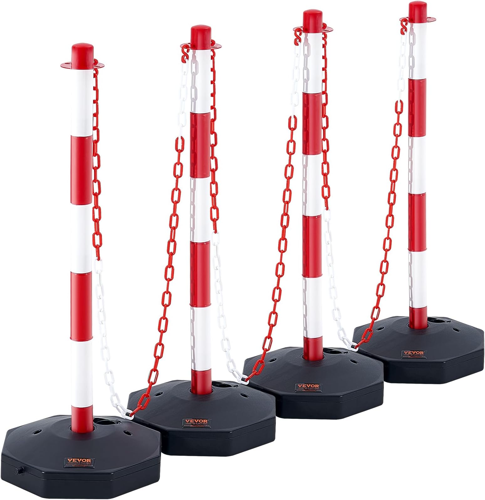 VEVOR Adjustable Traffic Delineator Post Cones, 4 Pack, Traffic Safety Delineator Barrier with Fillable Base 8FT Chain, for Traffic Control Warning Parking Lot Construction Caution Roads, Red & White