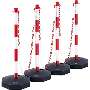 VEVOR Set of 4 Barrier Posts and 1 x 10m Red and White Plastic Chain Barrier Post Bollard PE Plastic for Traffic Control or W