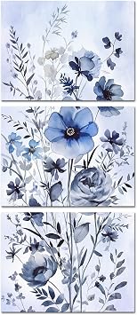 iHAPPYWALL 3 Pieces Blue Flower Canvas Wall Art Wildflower Botanical Plant Abstract Watercolor Country Floral Picture for Bathroom Bedroom Home Decor Ready to Hang 12x16inchx3pcs Blue