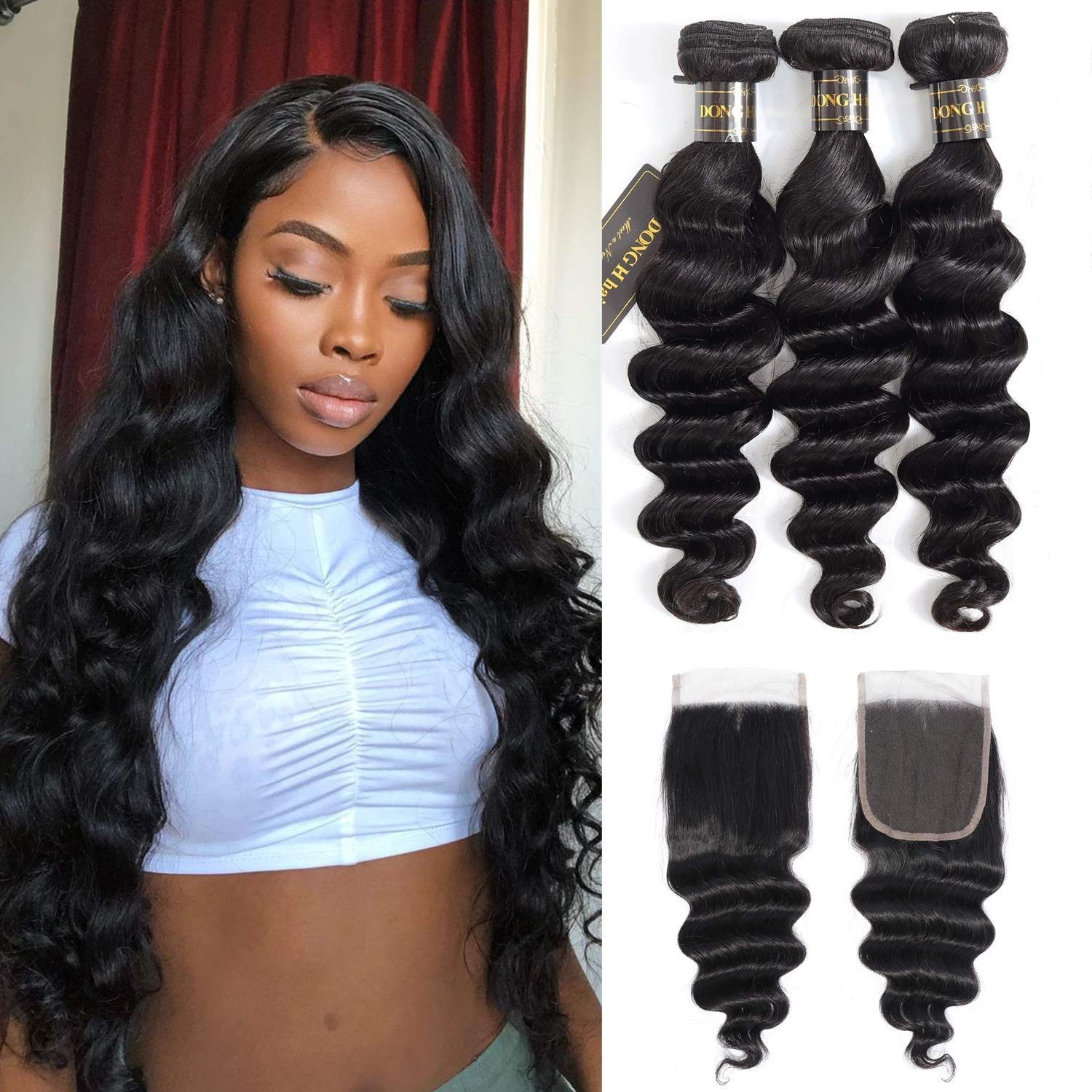Peruvian Loose Deep Wave Bundles with Closure, (14"16''18"+12Closure)8A Peruvian Virgin Hair Loose Deep Hair Bundles with 4X4 Free Part Top French