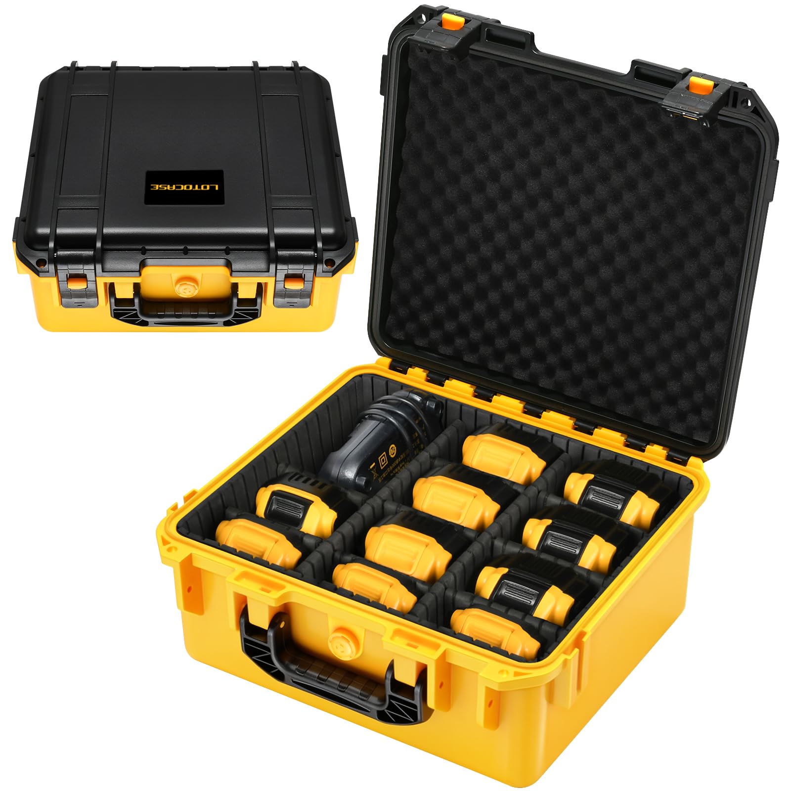 Custodia per batteria DeWalt, custodia rigida impermeabile con 9 divisori regolabili per batterie e caricabatterie da 8 V/12 V/18 V/20 V Max XR e caricabatterie, scatola organizer per batteria Dewalt