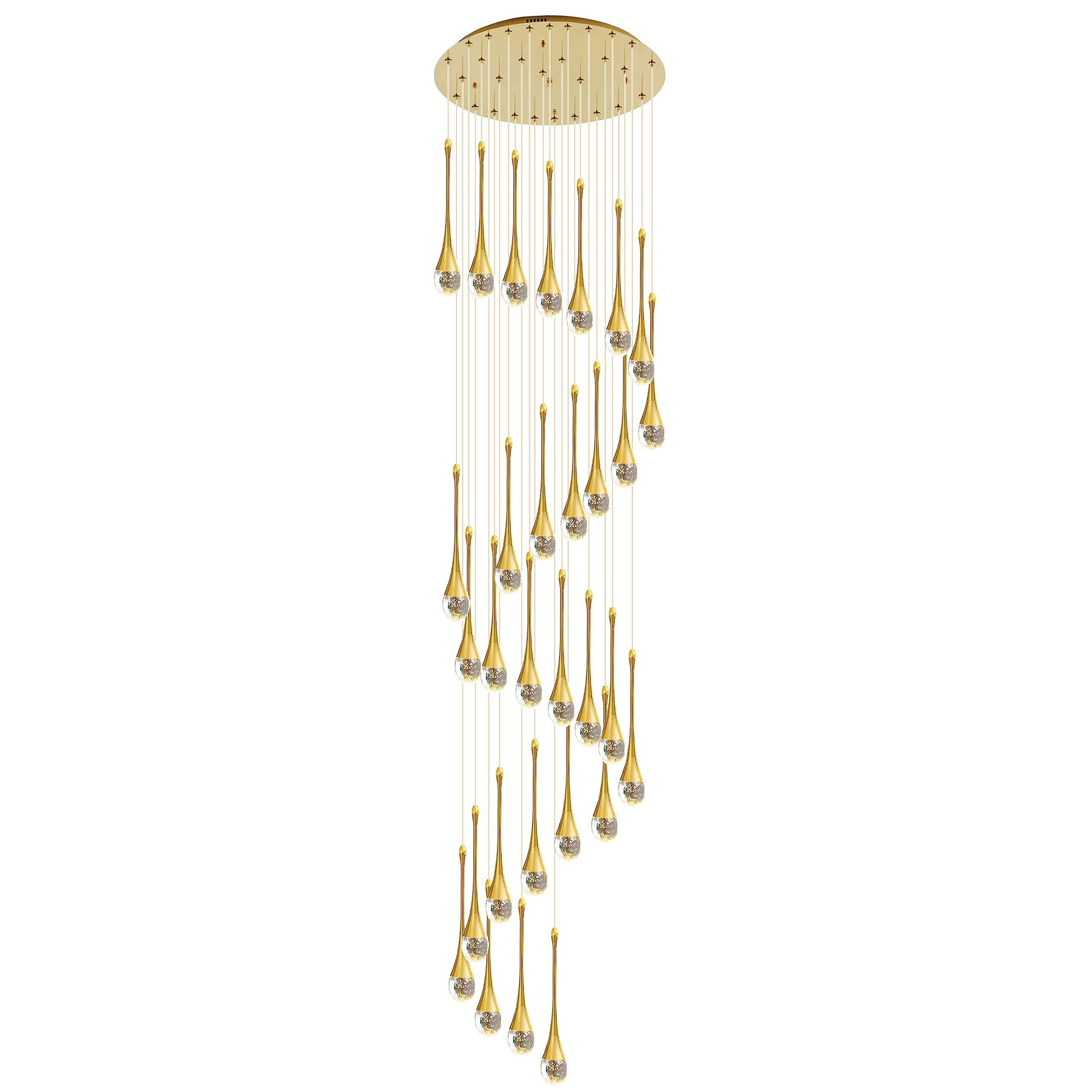 KXEcoLife 30-Light LED Chandeliers Dimmable 3CCT High Ceiling Crystal Pendant Lights Fixtures 19fts (6m) Raindrop Spiral Dome Long Chandelier For Foyer Entryway Stairwell Lighting