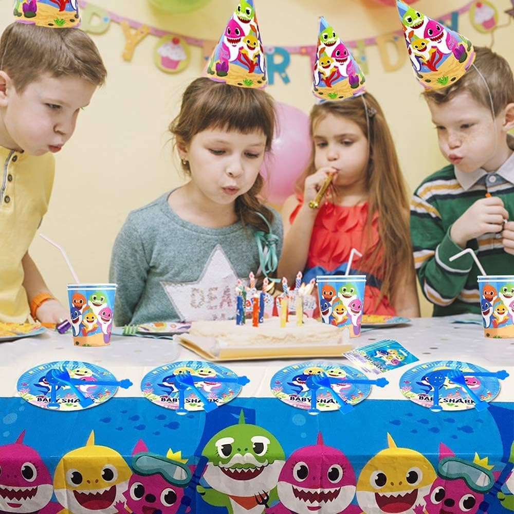 Baby Cute Shark Tablecloth and Backdrop for Shark Theme Birthday Party Supplies, 5x3FT Cartoon Baby Shark Bingo Photography Background Banner with Disposable Table Cover for Kids Party Decorations