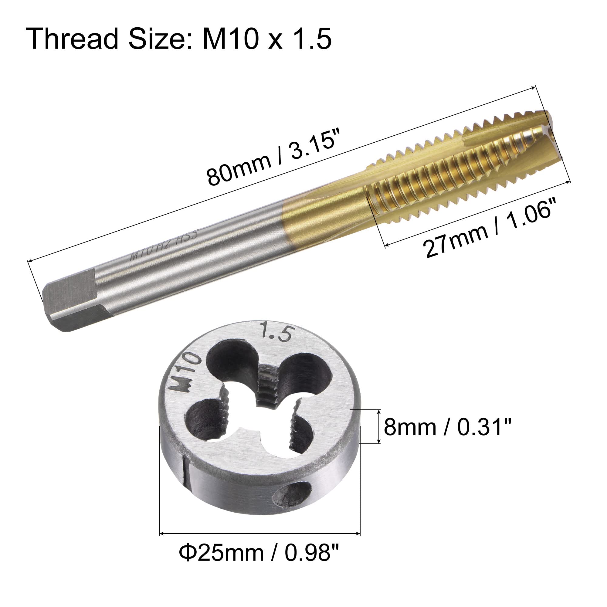 Juego de machos y terrajas métricos M10 x 1,5, HSS (Acero de Alta Velocidad), con Revestimiento de Titanio, Rosca Espiral para máquina, terraja de roscado Redonda de Acero de aleación