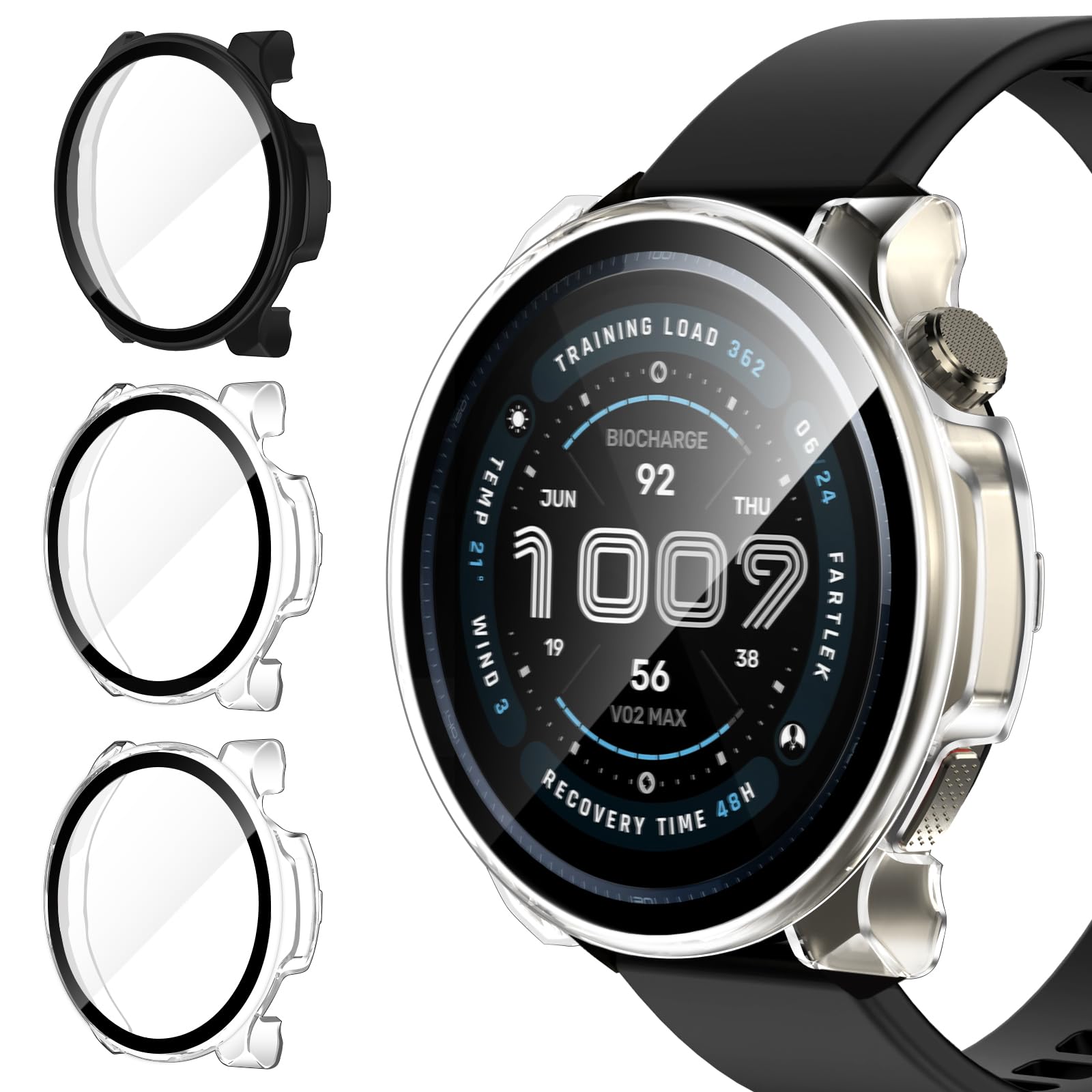 ivoler 3 Pièces Coque Dur PC pour Amazfit Balance 2, Couverture Complète Protection écran en Verre Trempé Étui de Protection Antichoc, Mince Anti-Rayures Bumper Housse (2 Transparent + 1 Noir)