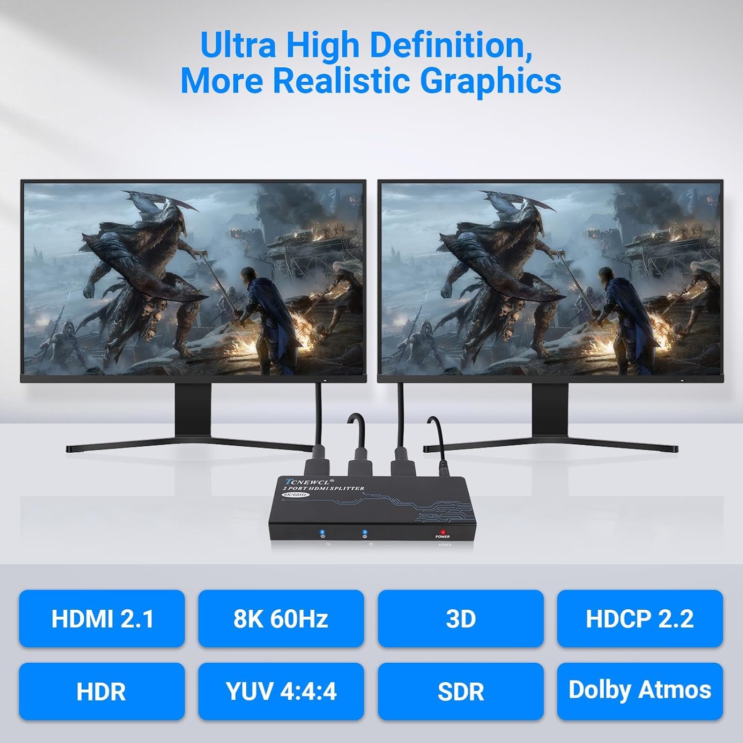 Splitter HDMI 1 in 2 Out, 8K @ 60Hz 4K @ 120Hz HDMI Duplicatore Supporto EDID, VRR, ALLM, Dolby, HDR 4K 8K per Xbox PS4 PS5 PC