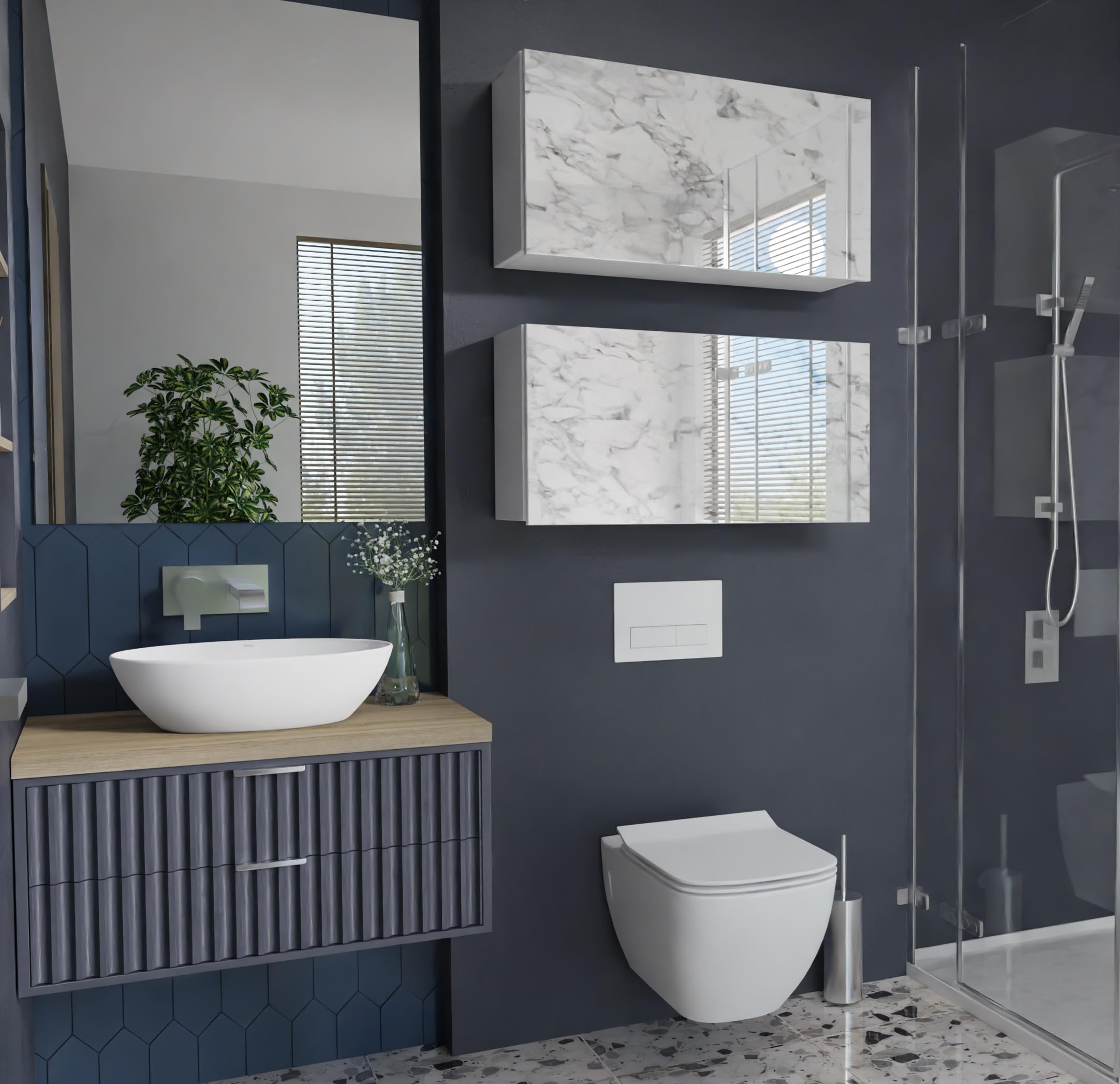 PLATAN ROOM - Armadietto da bagno, larghezza 80/120/160/200/240 cm, mobiletto da bagno pensile con anta ribaltabile (bianco opaco o marmo lucido 80 x 40 x 25 cm)