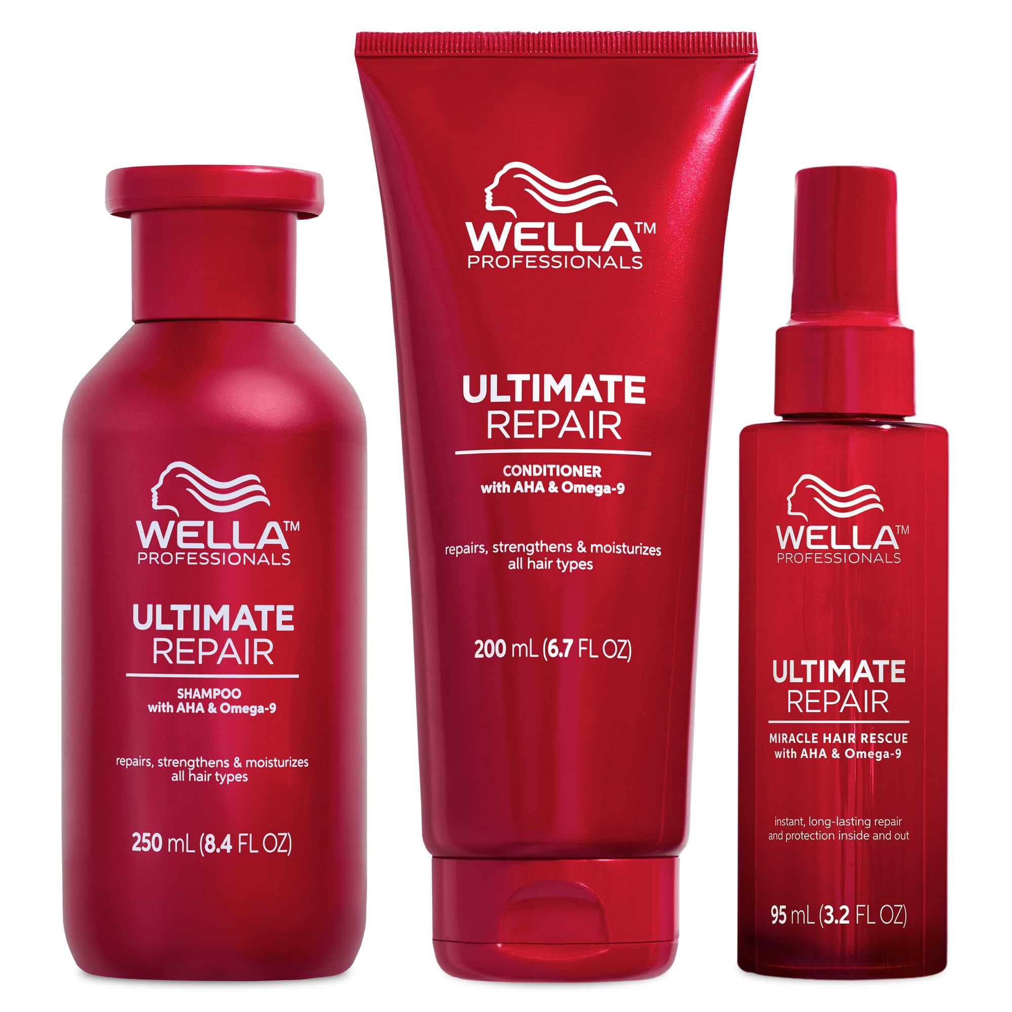 Wella Professionals Ultimate Repair léger pour cheveux abîmés, Après-shampoing nourrissant et Soin Miracle revitalisant,traitement réparateur sans rinçage pour les cheveux abîmés- 250ml + 200ml + 95ml