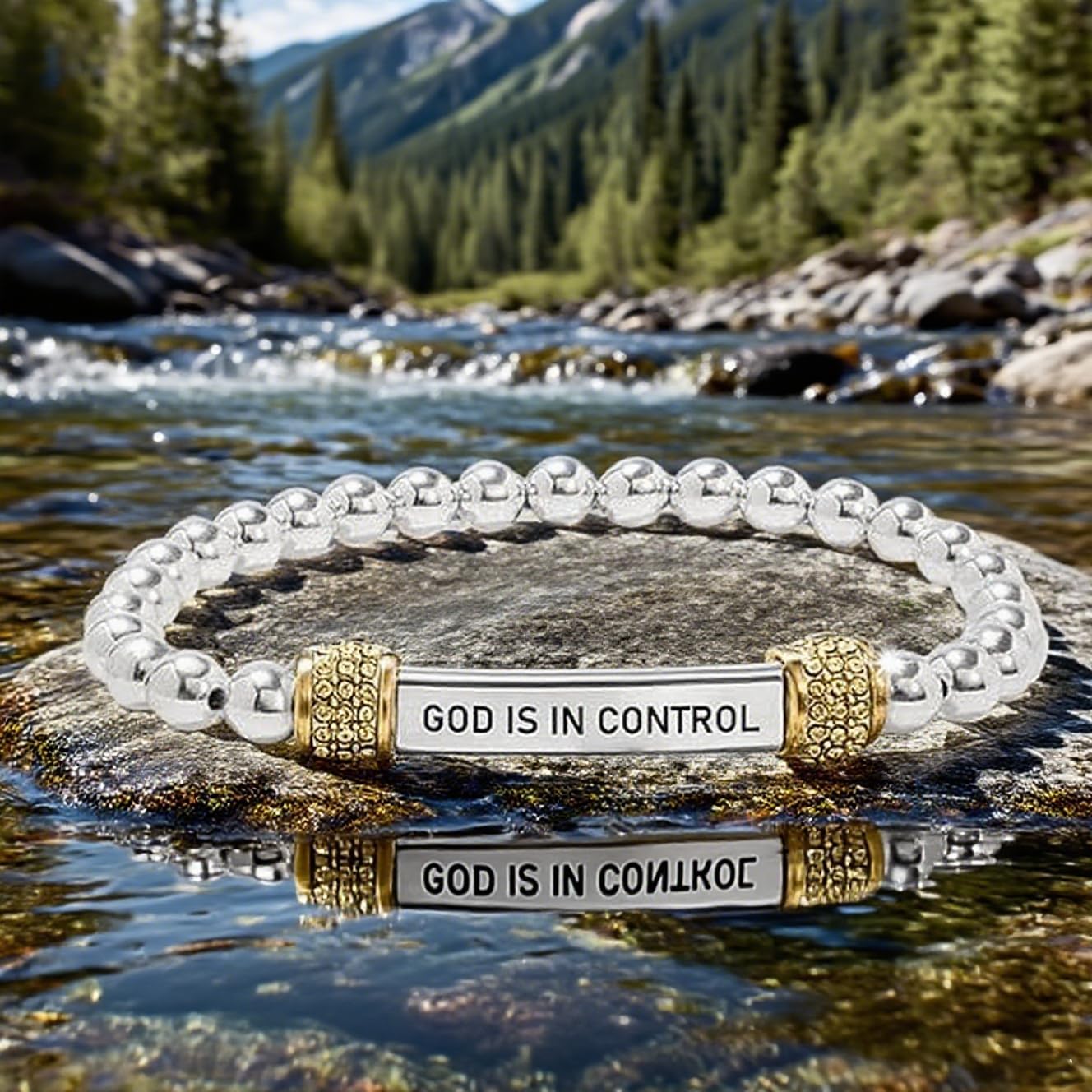 God Is in Control Bracelet For Women, Dainty Diamond Beaded Stretch Bracelet Religious Inspirational Bible Verse Engraved Stainless Steel Tube Christian Faith Self Worth Motivational Jewelry Gifts - Image 4
