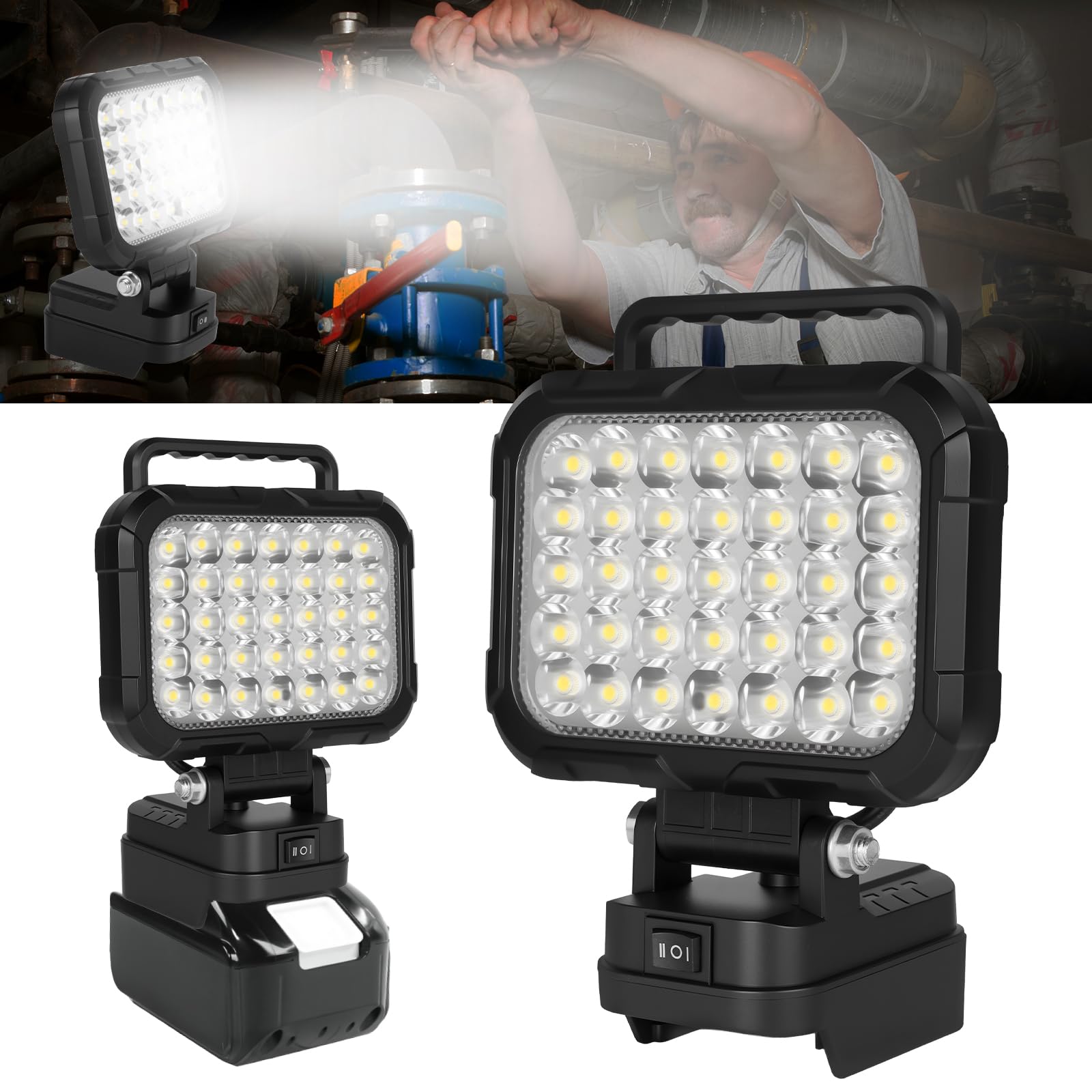 AUAUY Lampa Robocza LED 105W, Kompatybilny z Akumulatorem Makita 18V, Dwupoziomowa, Regulowana Lampa Przeciwpowodziowa, Oświetlenie na Kemping, do Garażu, w Sytuacjach Awaryjnych (Bez Akumulatora)