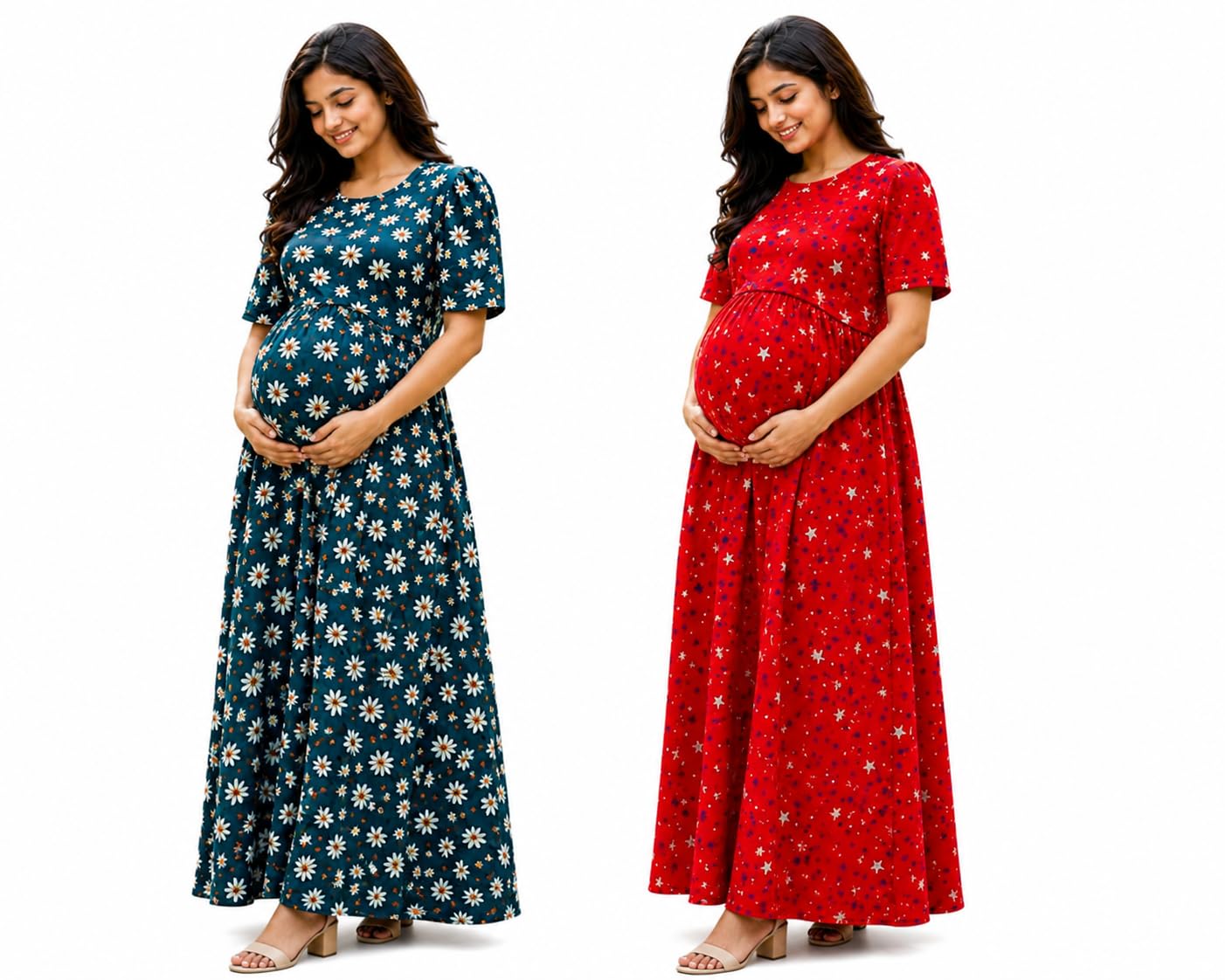 RENIS.Store Women's 100% Cotton Zipless Feeding Maternity Nighty Pack of 2 | Pull Up Nursing Night Dress, Back Tie with Side Pocket | Green Color & Red Color | Size - M-picture-21