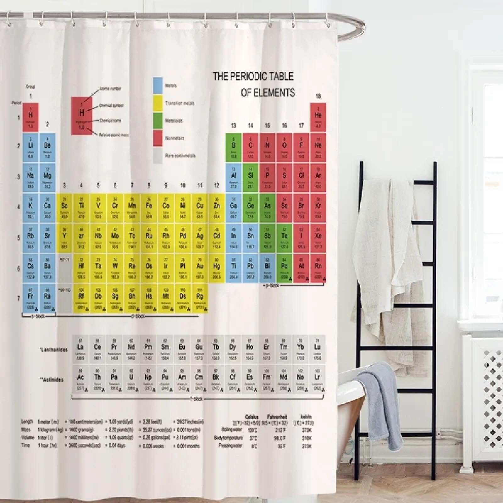 UIYIUI Periodic Table of Elements Shower Curtain 71X94in/180x240cm Color Glossary of Student Chemistry Terms, Polyester Waterproof Fabric Bathroom Curtain Set for Shower Stall Bathtubs with Hooks