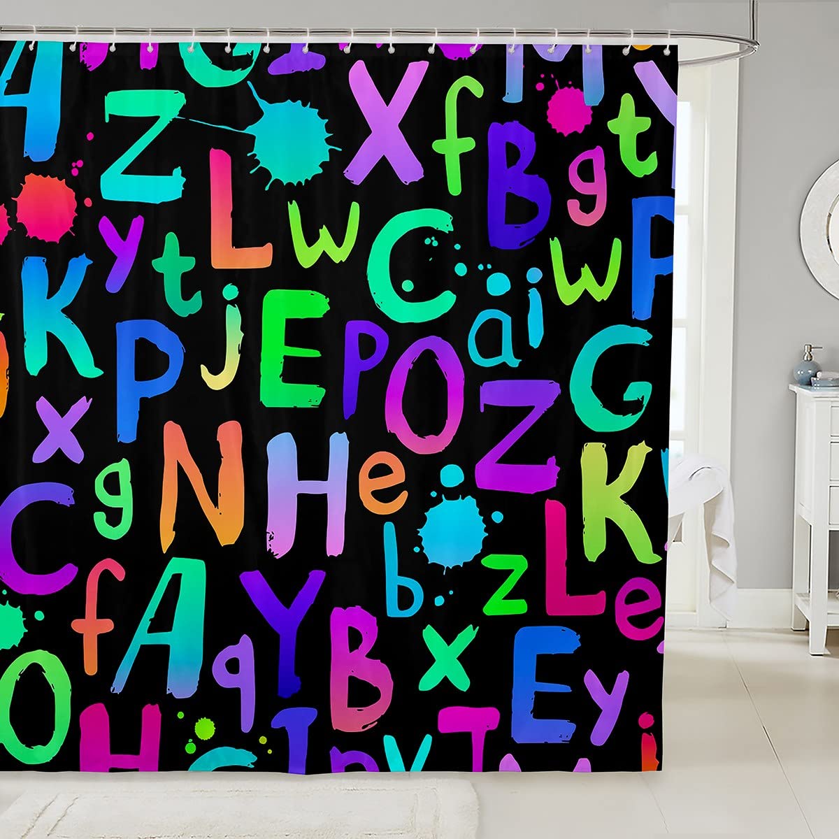 Loussiesd Colorful Alphabet Bathroom Fabric Shower Curtain Set ABC Letters Shower Curtain Tie Dye Bath Curtain for Kids Waterproof Curtains72x94 Inch
