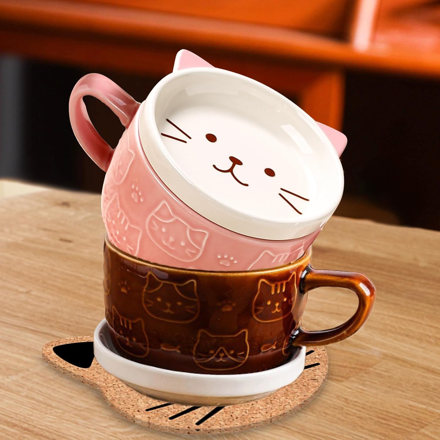 2PCS Cute Mug Kawaii Cat Tea Cup Ceramic Coffee Mug with Lid,Tea Cups and Saucers for Dessert tea mug cute gifts Cat lover Gifts For Women Anime gift for Women Christmas Gifts 10oz (Pink+Brown)