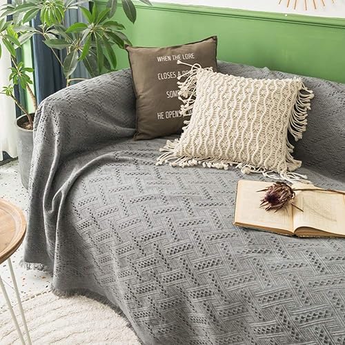 WJXBoos Mantas para sofá, manta de color sólido con borlas, acogedora manta de algodón tejido de punto con patrón de espiga para sofá, funda de
