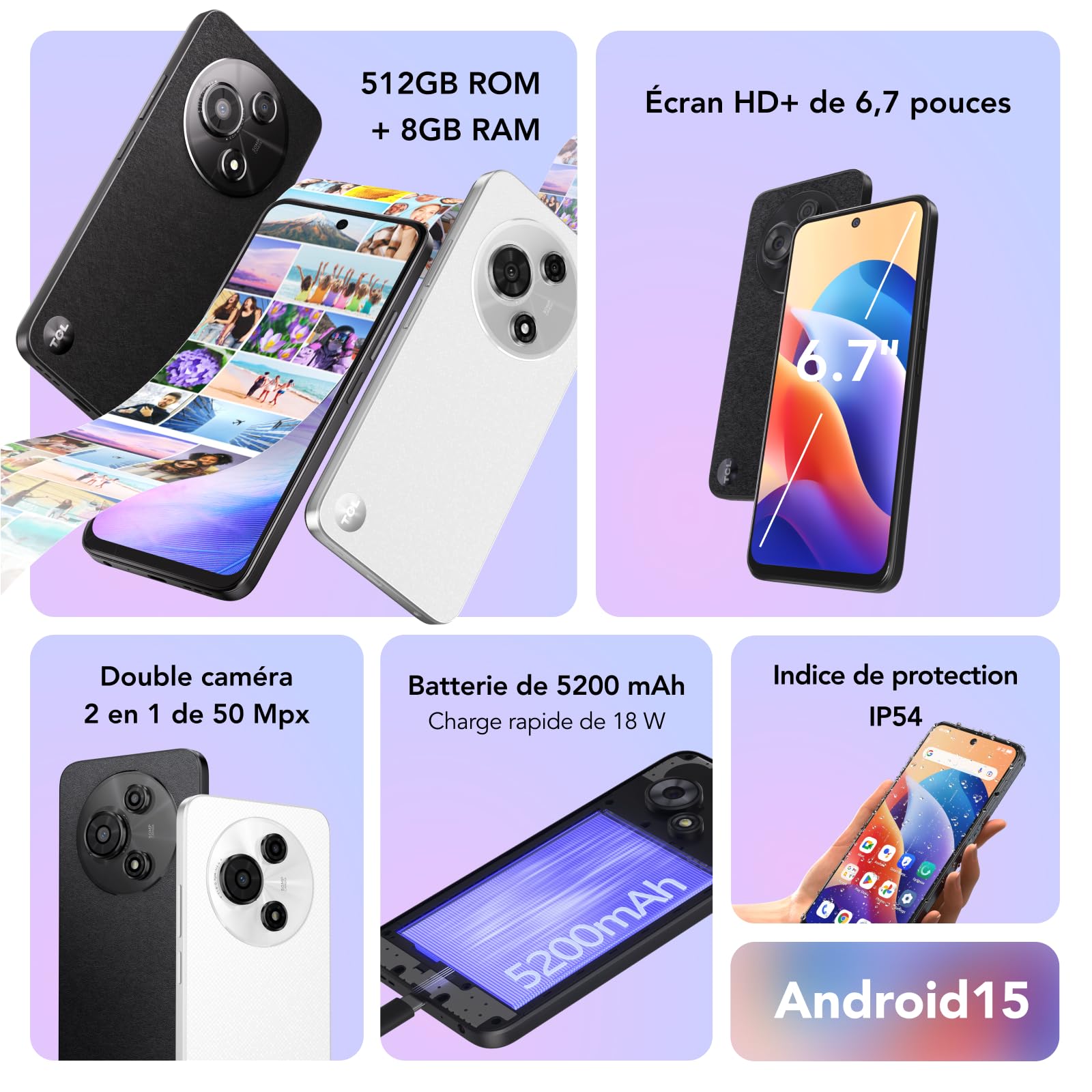 TCL Téléphone Portable 60 SE, écran HD+ 6,7 Pouces, Smartphone débloqué 8+512 Go, Double caméra 50 Mpx, Grande Batterie 5000 mAh, téléphone Mobile Android 15, Double Haut-Parleur, Blanc Blizzard