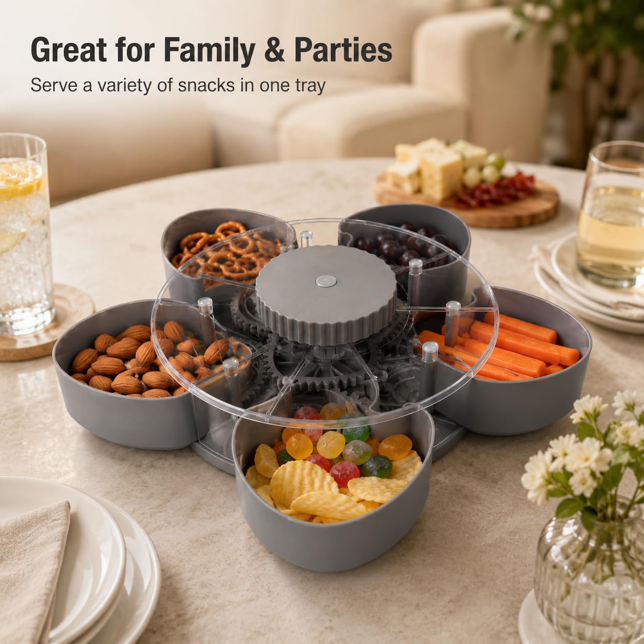 Divided Serving Tray that Spins, Spinning Lazy Susan Organizer, Grey, Flower Design