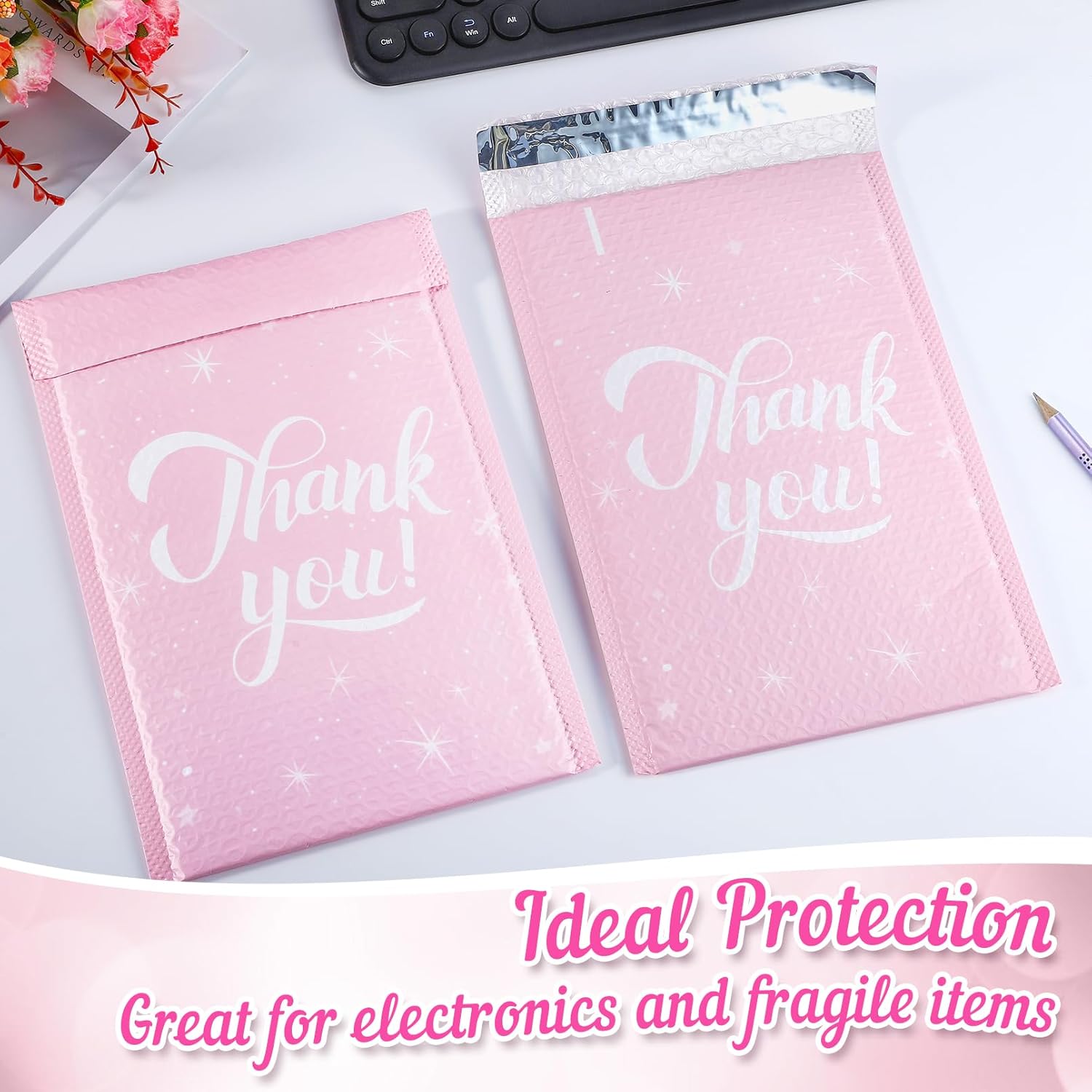 50 Pack Bubble Mailers, 6x10" Thank You Bubble Mailers, Waterproof Self Sealing Padded Envelopes,Cushioning Shipping Envelopes for Packaging, Mailing, Small Business(Pink)