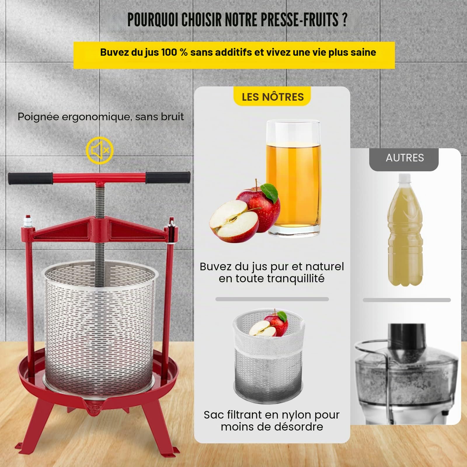 VEVOR Pressoir à Fruits Manuel 5 L, Presse à Vin avec 2 Barils en Acier Inoxydable, avec Poignée Triangulaire, Nettoyage Facile, Presse à Jus, Raisin, Cidre de Pomme pour la Cuisine et la Maison