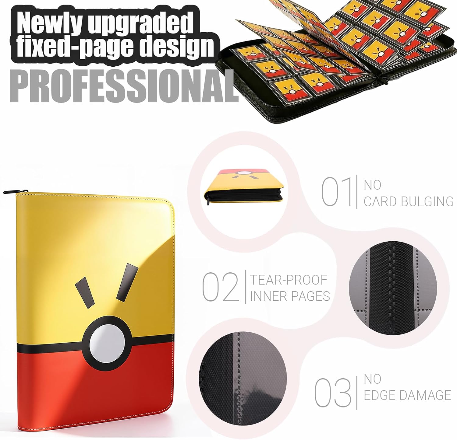 9 Pocket Trading Card Binder for Pokemon Cards 360 Capacity Waterproof PU Leather Album Side Loading Ringless Zipper Closure for MTG TCG Sports Cards