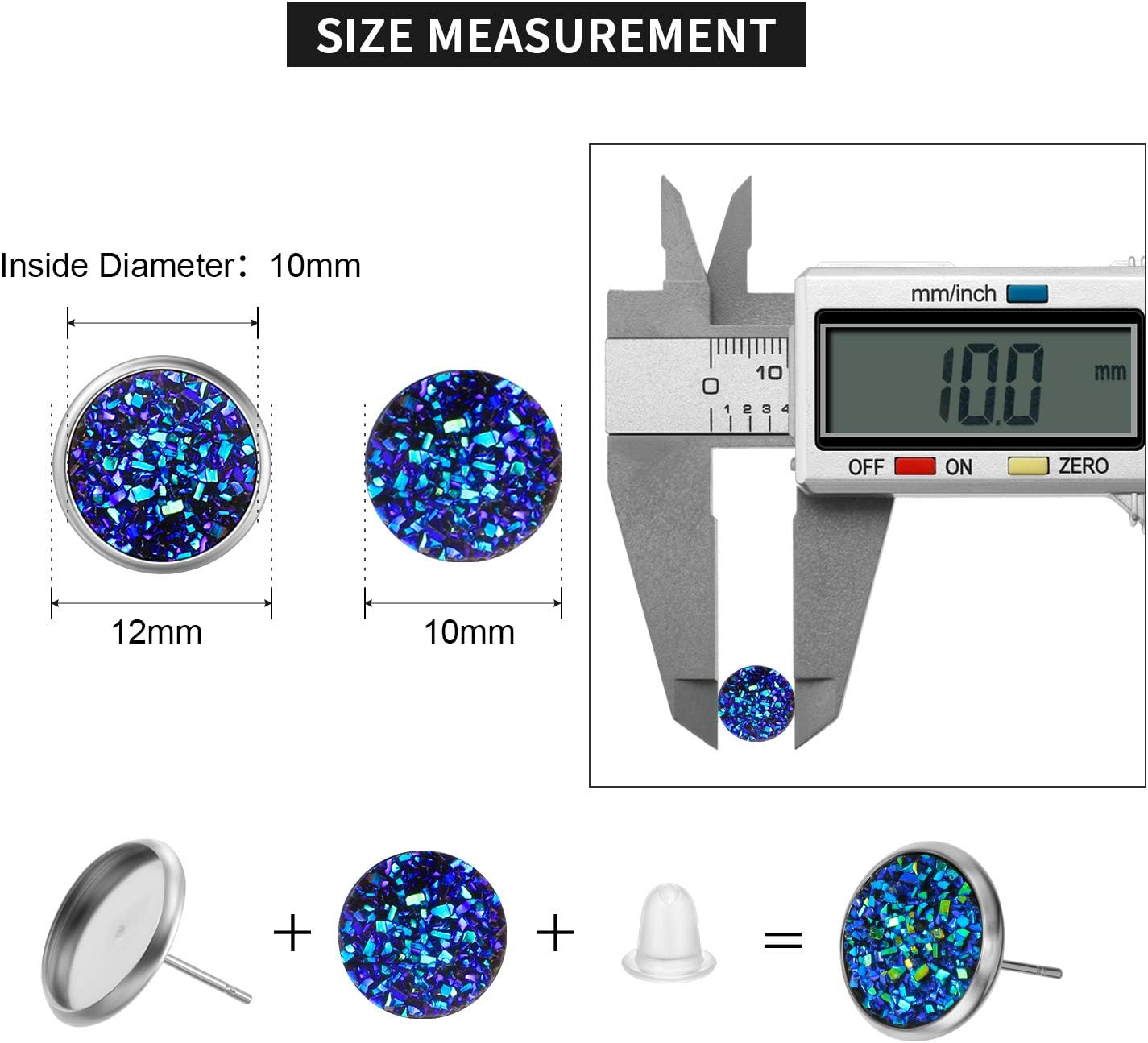 Maitys BOAO 200 Pcs 20 Colors Druzy Resin Cabochons Stainless Steel Stud Earring, Faux Druzy Cabochons Round Flat Back Dome for Jewelry Making, DIY Craft(10 mm,Silver Stud Earring) - Image 4