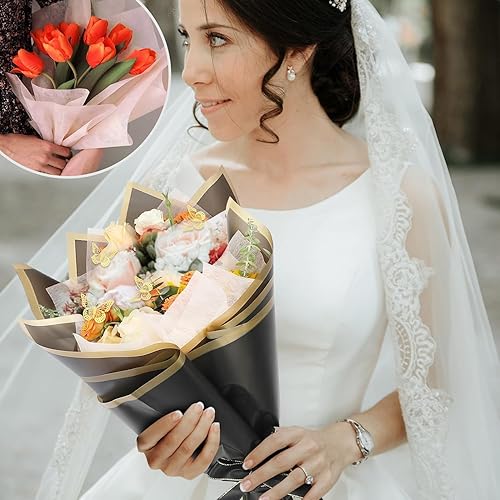 Miniatura 3 de FF Sgdfc 300 hojas de papel de regalo de flores con borde dorado, impermeable, ramo de embalaje, suministros de ramo de floristería para bodas,