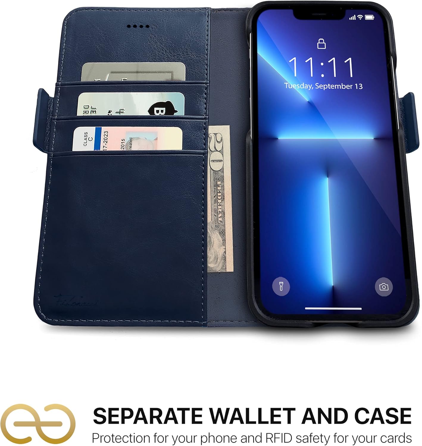 Dreem Fibonacci Wallet Case for iPhone 13 Pro | 2-in-1 Detachable Vegan Leather Cover with Built-in Kick-Stand, RFID Blocking Card Holder, MagSafe Compatible [Royal]