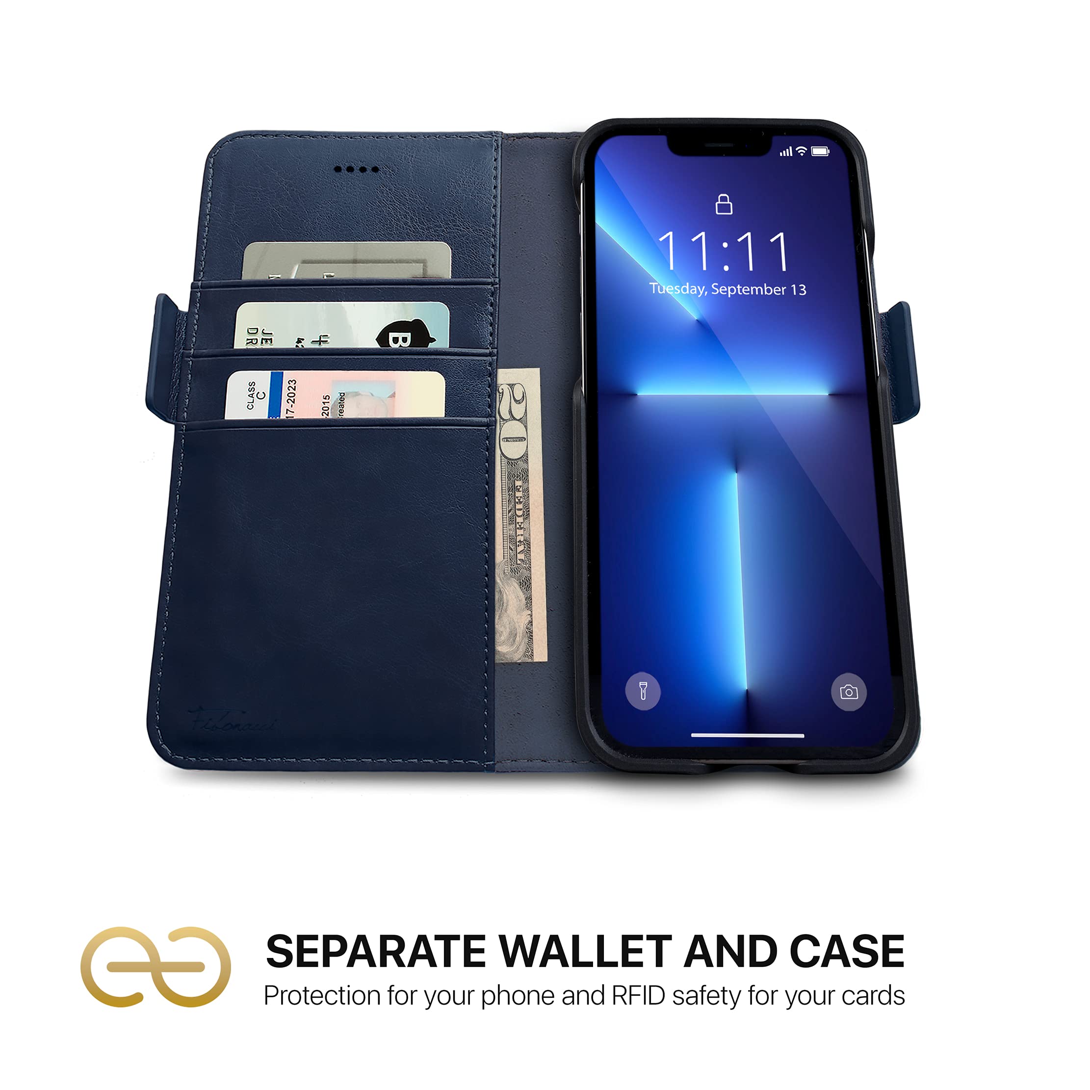 dreem custodia portafoglio rimovibile per iPhone 13 Pro Max in pelle vegana | Supporto per telefono integrato, porta carte blocco RFID, compatibile con MagSafe, confezione regalo [Fibonacci: Reale]