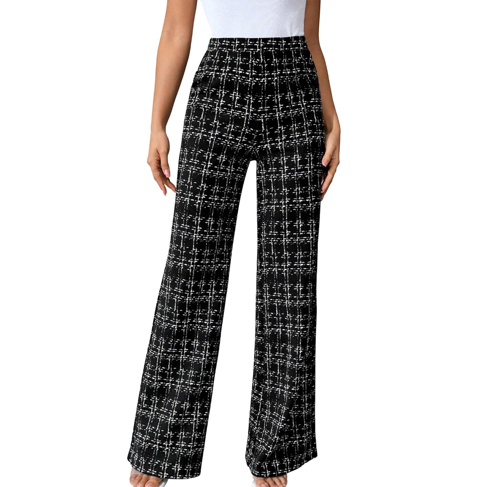Womens Wide Leg Pants Plaid Elastic High Waist Business Casual Work Baggy Pants Fall Trendy Y2K Trousers