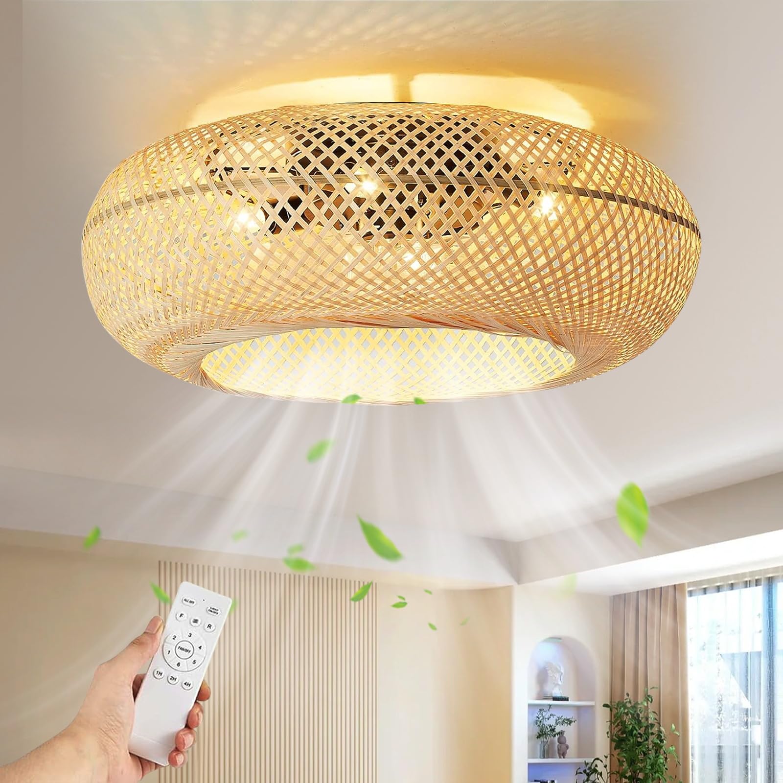 Piptyllite Bohemian-Style Rattan Birdcage-Shaped Ceiling Fan Light And Bamboo-Woven Ceiling Fan Light, Suitable for Living Rooms And Dining Rooms.
