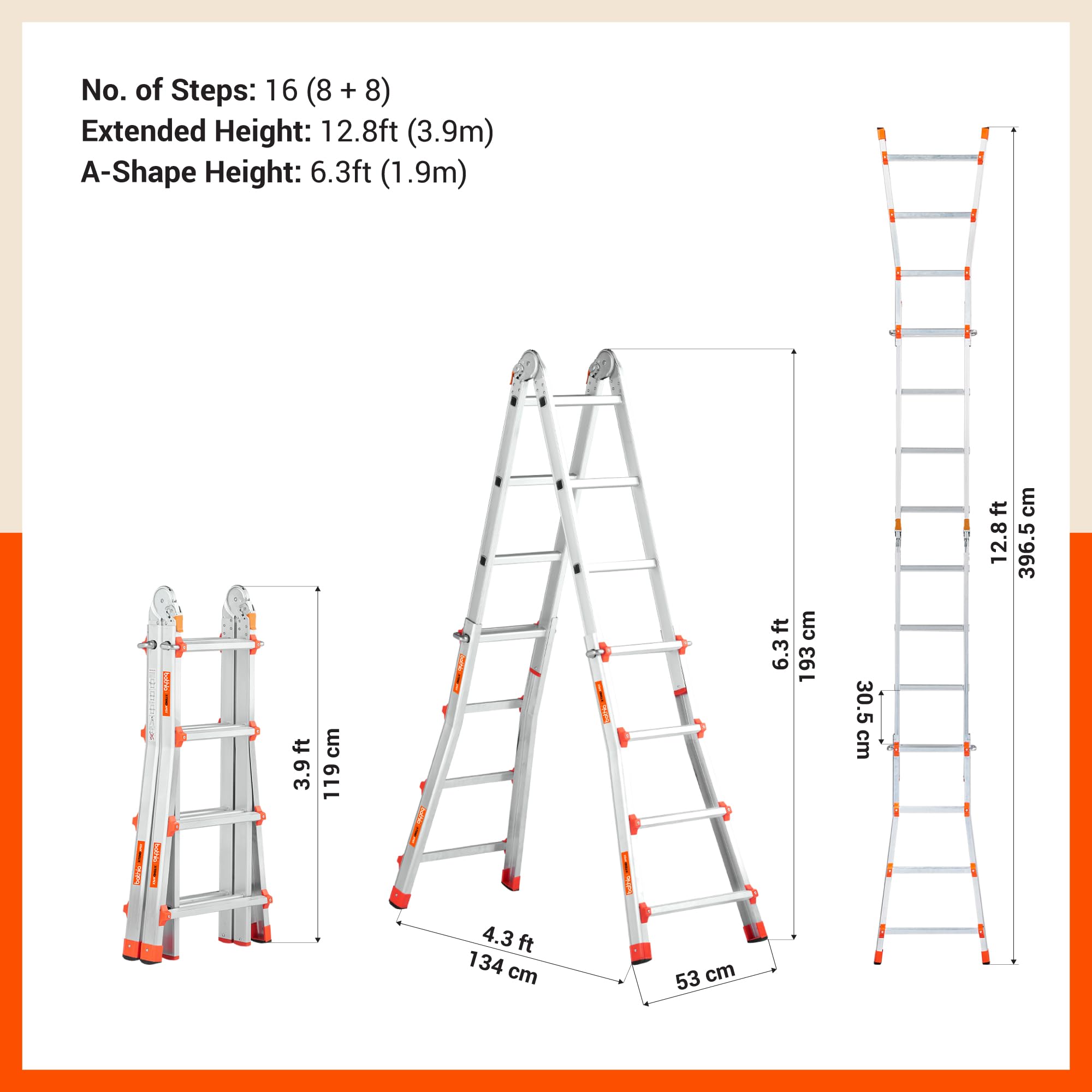 Bathla X-Tend Apex 12.8Ft Heavy Duty Aluminium Extension Ladder | 150 kg Capacity | Anti-Slip | Multipurpose A-Frame Folding Ladder | Extendable to 3.9 m| for Home, Stairs, Indoor, Outdoor & Roof Use — Amazon image 9