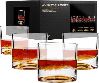 LIITON American Peaks Freezable Crystal Whiskey Glasses Set of 4 - 10oz Heavy Chill Glasses with Mt Rainier, Yosemite Designs, Premium Bourbon Gifts for Men