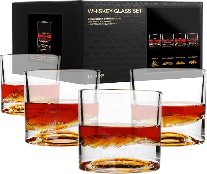 LIITON Patented The Peaks Heavy Crystal Whiskey Glasses Gift Set of 4, Thick Freezable Bourbon Glass 1lb Each, Premium Whiskey Gifts for Men, Frozen Crystal Chills Cocktails, 10 oz