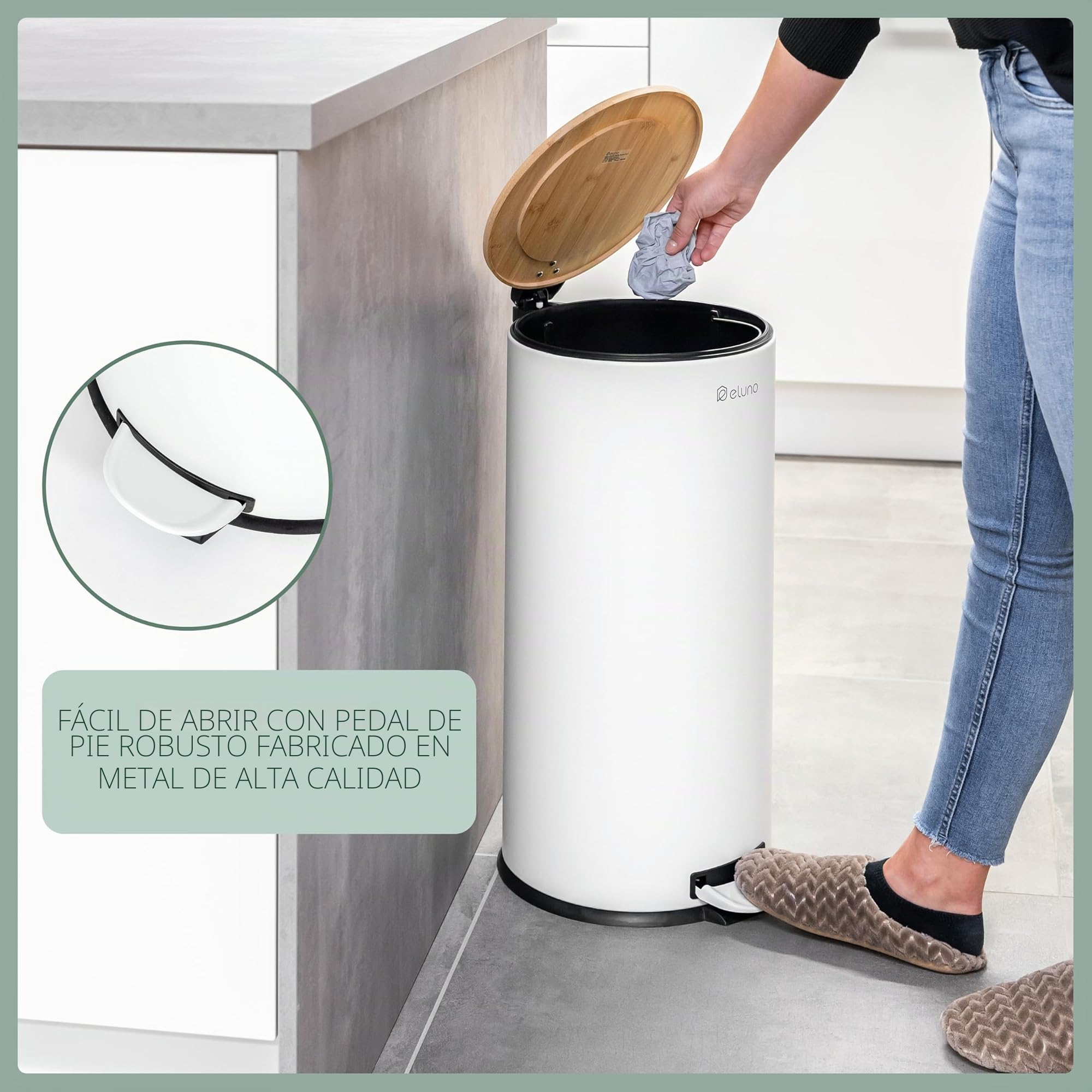 eluno Cubo de basura de cocina con pedal de 30 litros de capacidad, con tapa de bambú de cierre suave para baño, cocina, cubo interior de plástico extraíble, de bambú y metal (Blanco)