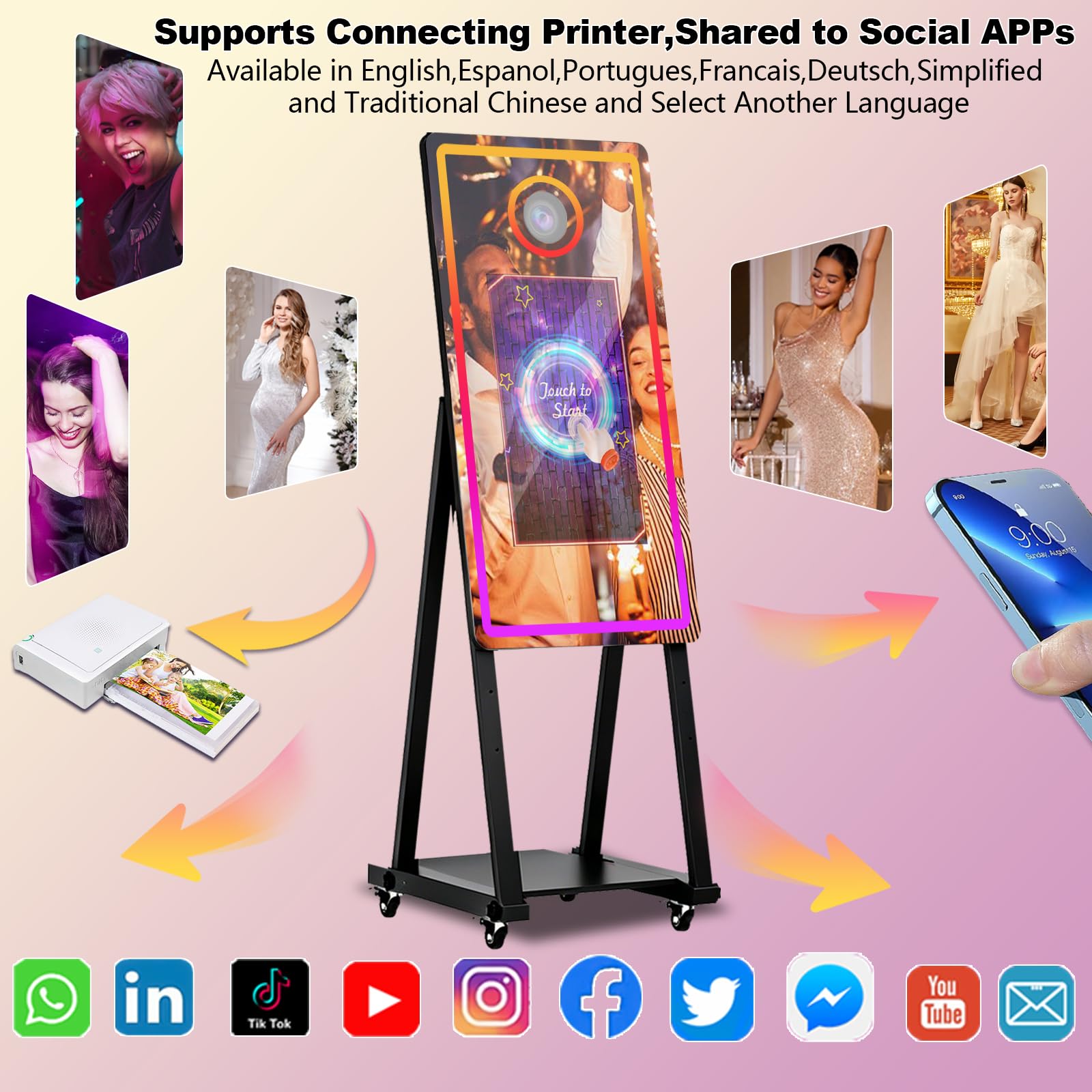 Maszyna do fotobudki fotograficznej z magicznym lustrem 101.6 cm z ekranem dotykowym 55.9 cm i lampą wypełniającą, z futerałem lotniczym, wbudowanym mini PC, sterowanie aplikacją, światło RGB na