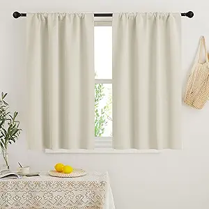 RYB HOME Beige Short Curtains Blackout, 45 inch Durable Cafe Curtains Room Darkening Window Drapes Privacy Protection for Basement Closet Kithen, W34 x L45 inch, 2 Panels