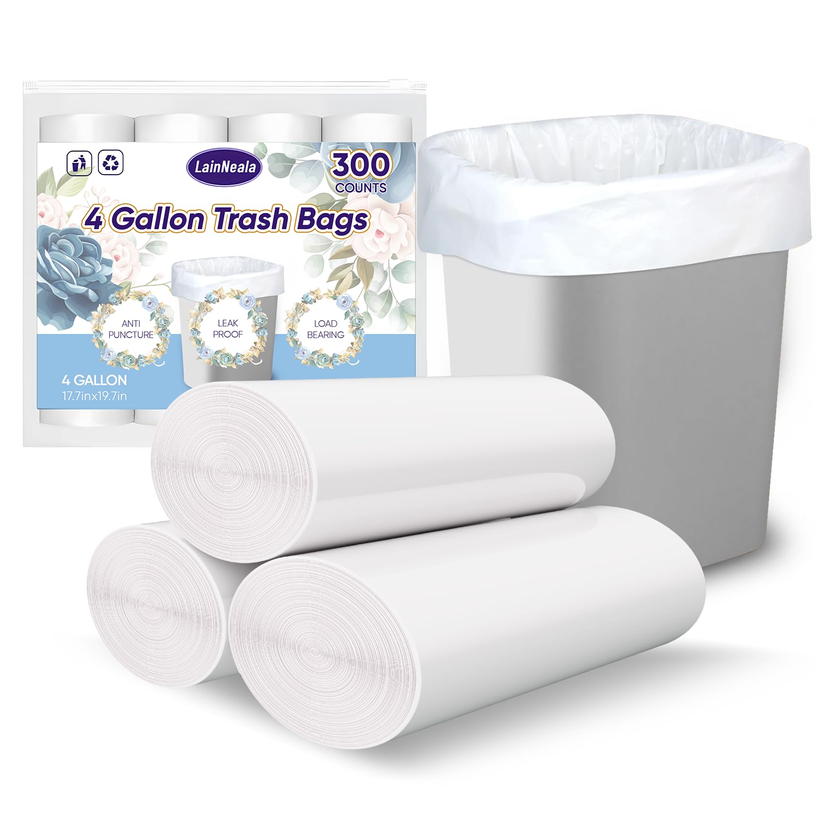 LainNeala Small Trash Bags 4 Gallon, 300 Count Small Garbage Bag Bathroom White Mini Trash Bag Trash Can Liners Unscented Garbage Bags for Bathroom
