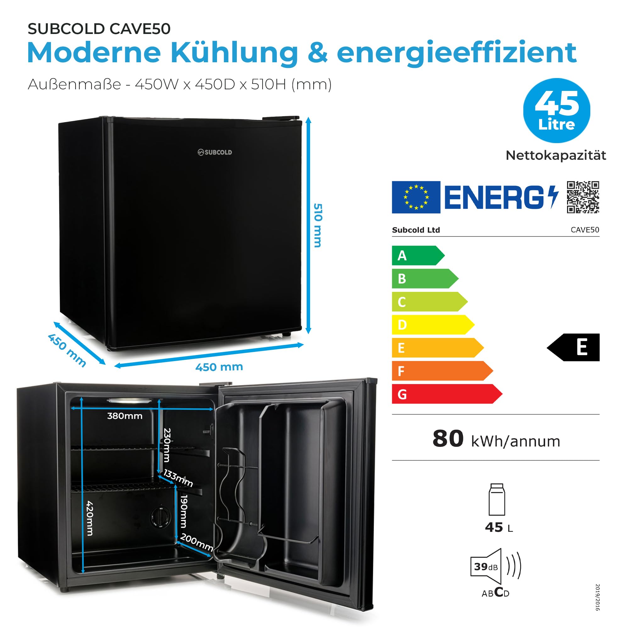 Subcold Cave50 Getränkekühlschrank 45L für 50 Dosen | Bierkühlschrank mit Schwarz, Dosenfach und LED-Beleuchtung | Mini Kühlschrank für Büro, Schlafzimmer & Minibar