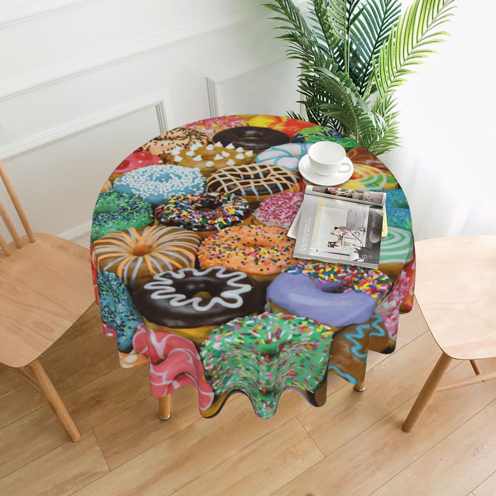 SDEGTHO Donuts Print Modern Retro Round Tablecloth 60in Polyester Fabric Cover for Party Dining Table Washable