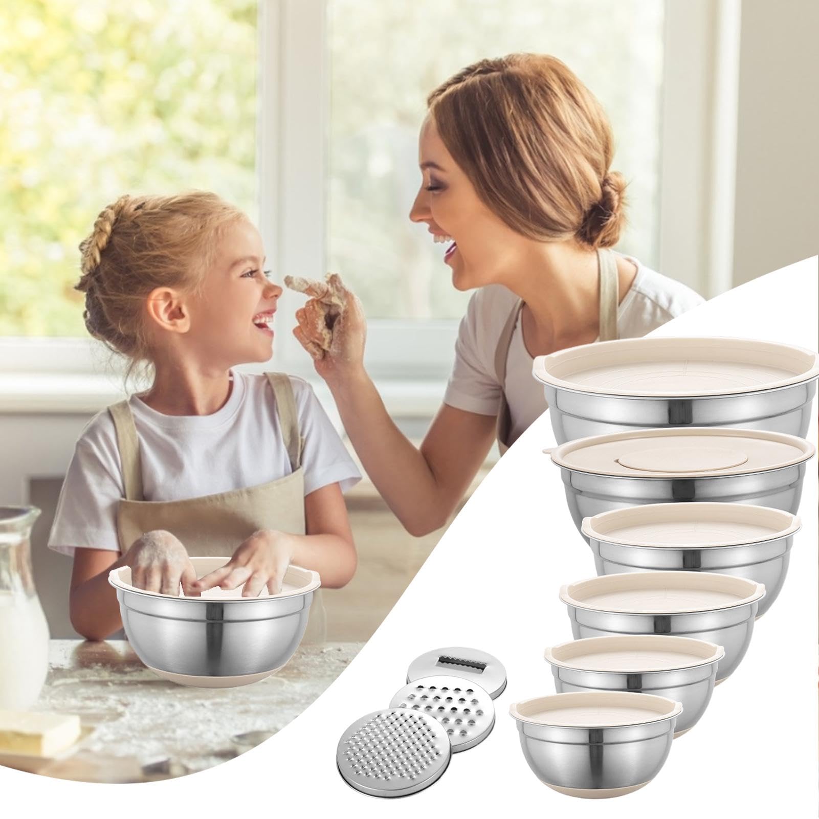 Zestaw misek do mieszania, do mieszania misek kuchennych ze stali | nierdzewnej, miska do mieszania ze stali nierdzewnej, z antypoślizgową podstawą, 6 misek do mieszania khaki ze stali nierdzew