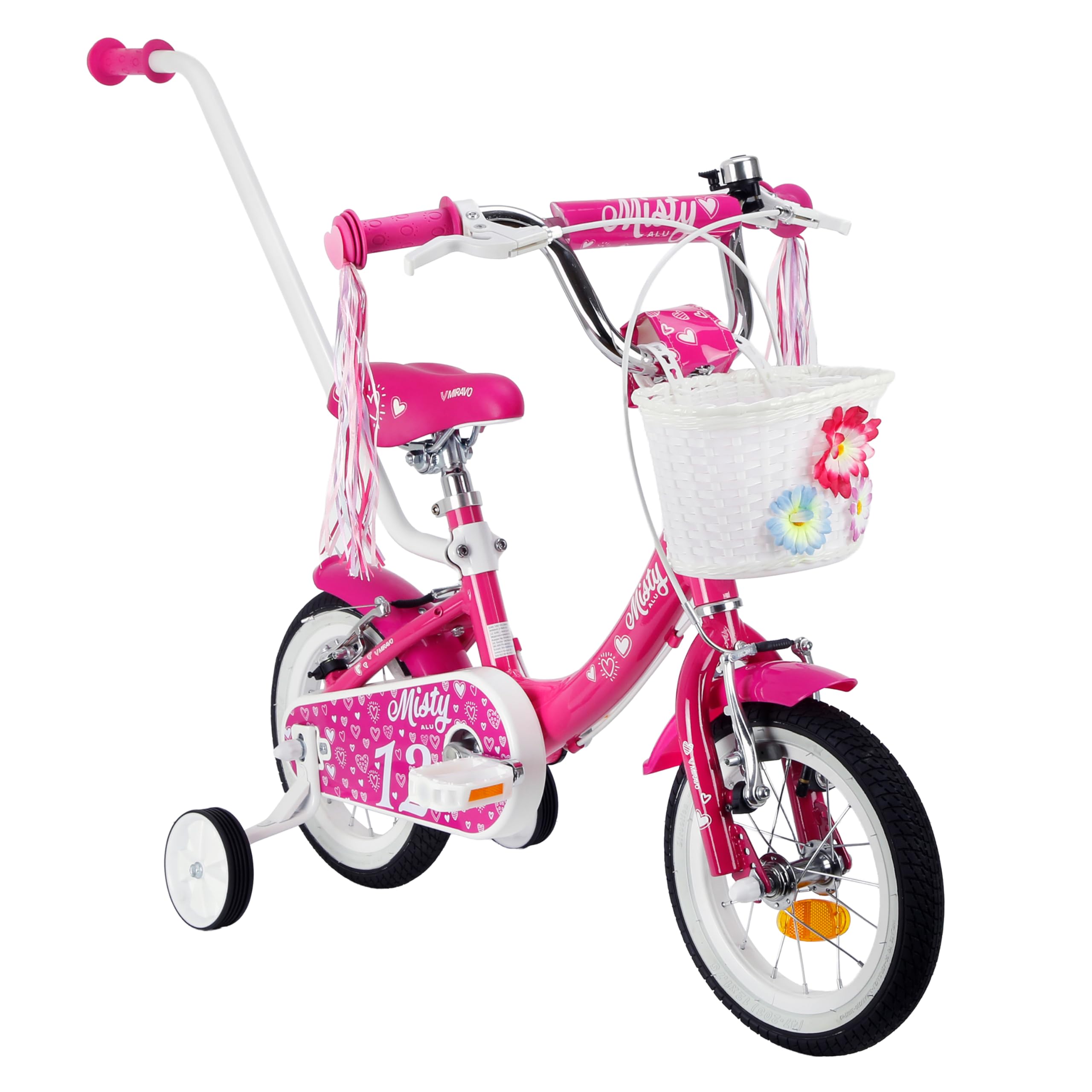 MIRAVO Kinderfahrrad 12 Zoll für Mädchen von 3-4 Jahren mit Stützrädern und Schubstange - Leichtes Fahrrad für Kinder mit Korb - 7 kg - Aluminiumrahmen - V-Brake Bremsen