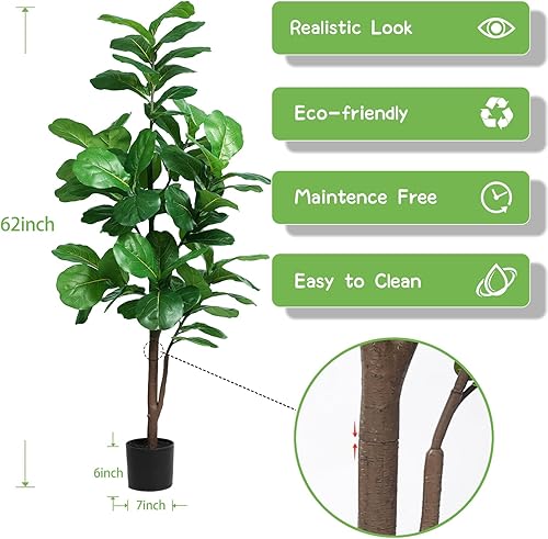 Miniatura 4 de Higuera artificial de hoja de violín de 5 pies, árbol de hoja de higuera falsa con maceta de plástico para el hogar, oficina, sala de estar, plantas