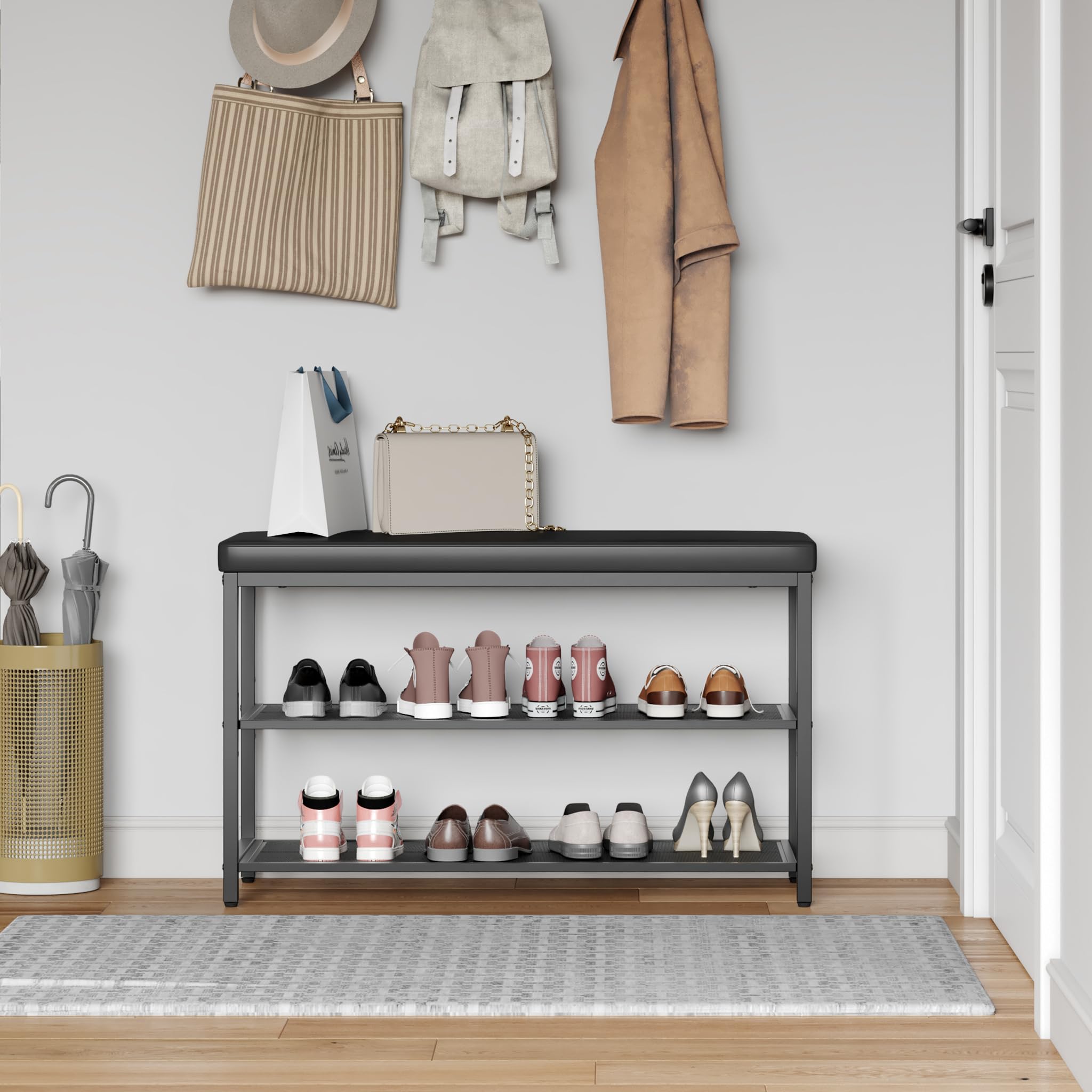 Mondeer Schuhregal mit sitzbank Polsterauflage schwarz 80x30x50 | Schuhgitter verstellbar. Kunstleder, leicht reinigbar. Metall stabil , Schuhaufbewahrung. Für Flur, Diele, Wohnzimmer.