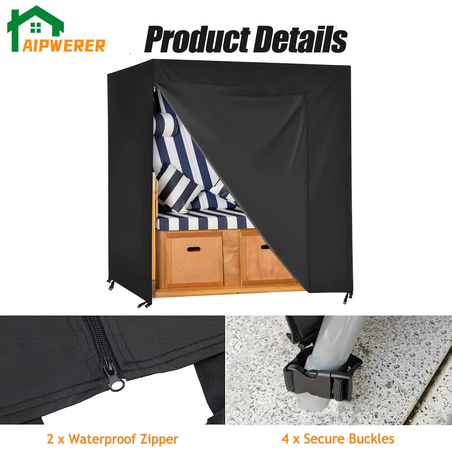 Strandkorb Schutzhülle Winterfest, 600D Oxford Abdeckhauben für Strandkörbe Wasserdicht, Winddicht, UV Beständig, Reißfest, Strandkorbhülle mit Reißverschluss (120x80x160/140cm)