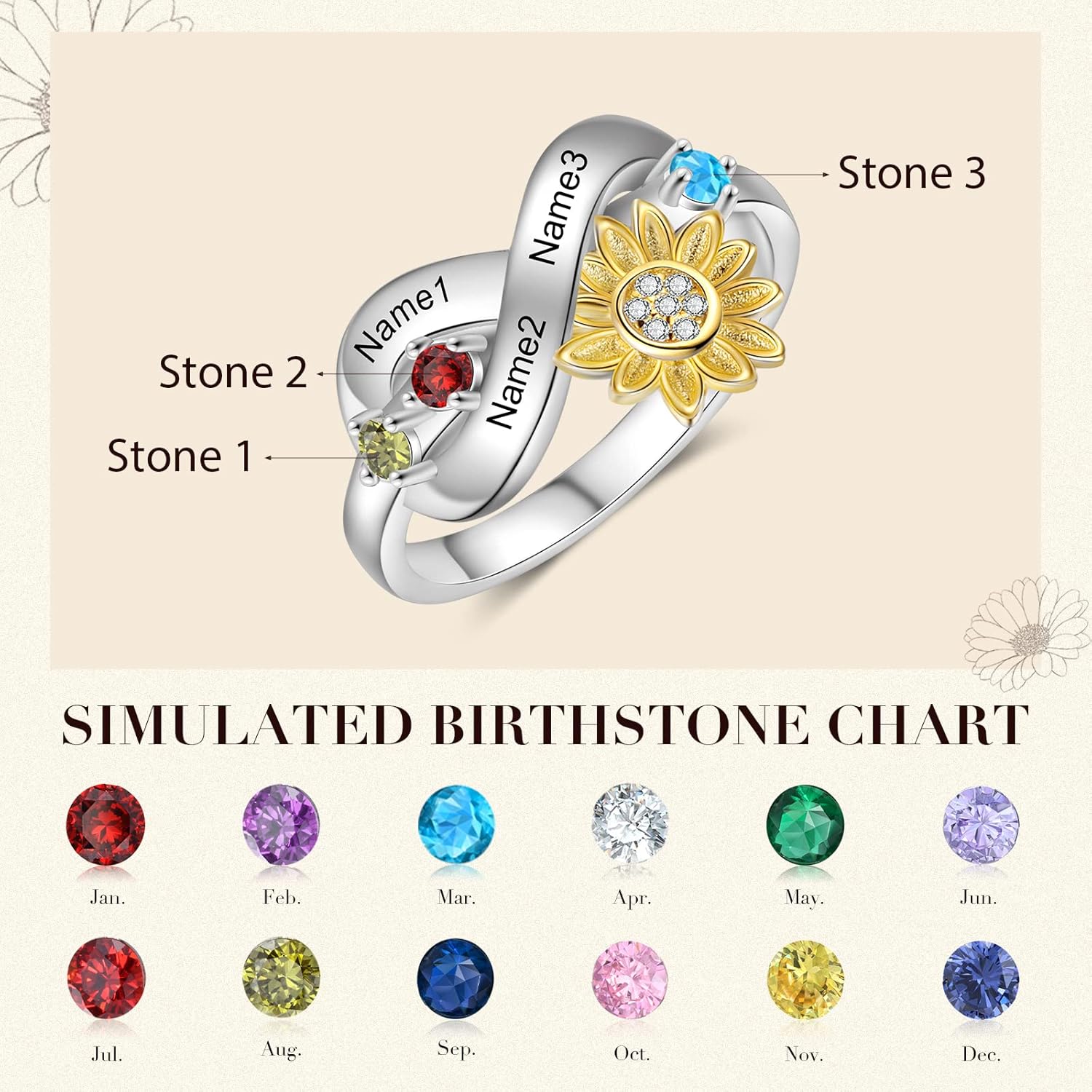 ALBERTBAND Sunflower Ring LanM Personalized 3 Birthstone Rings for Women Custom Infinity Heart Rings Engraved Rings with Names Mothers Day Rings for Women Mom Grandma Wife Daughter Her