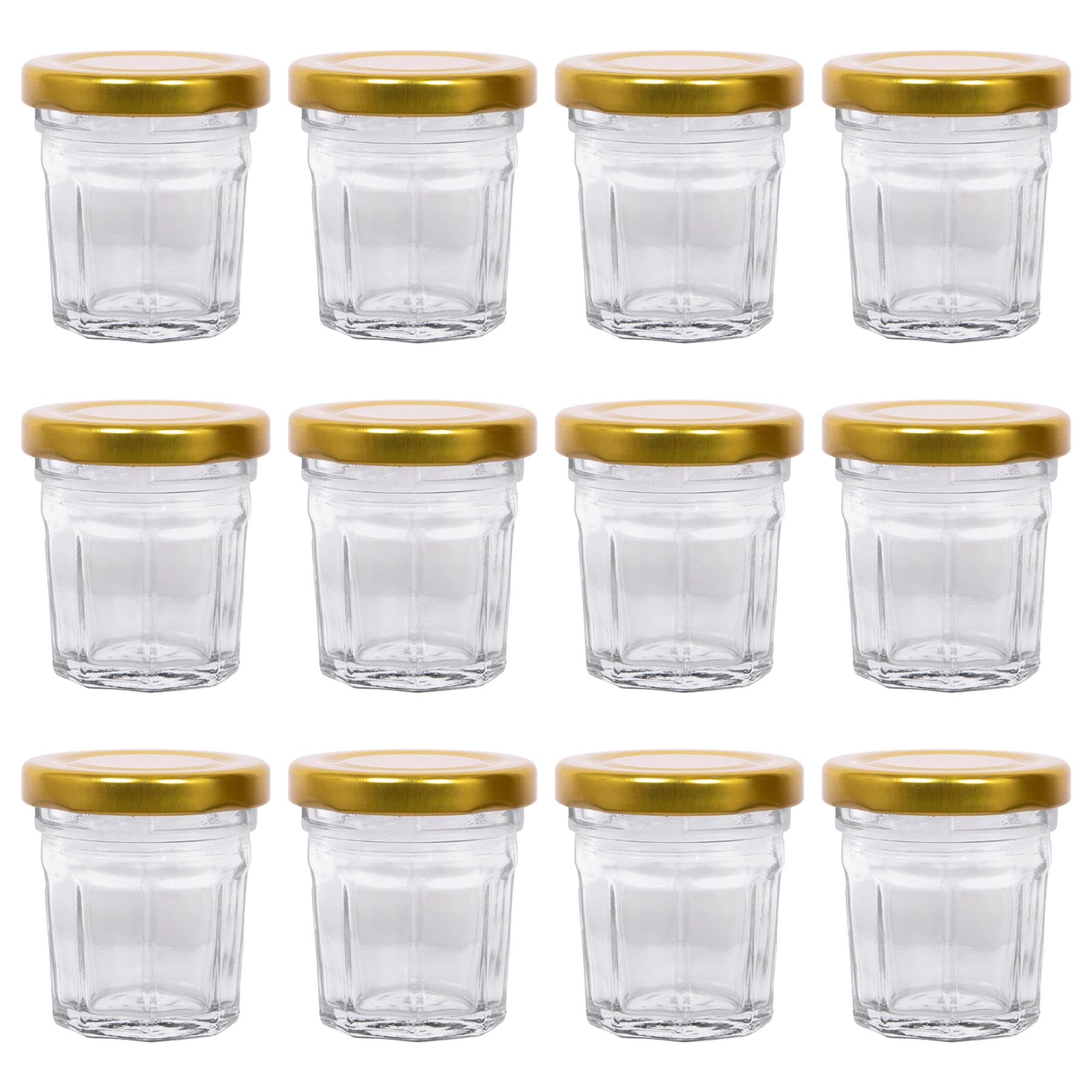 Argon Tableware Glass Jam Jars with Airtight Gold Lids - 30ml - Pack of 12 - Empty Screw Top Kitchen Storage Jar for Food, Honey, Spice, Pickling, Preserving, Candle Making