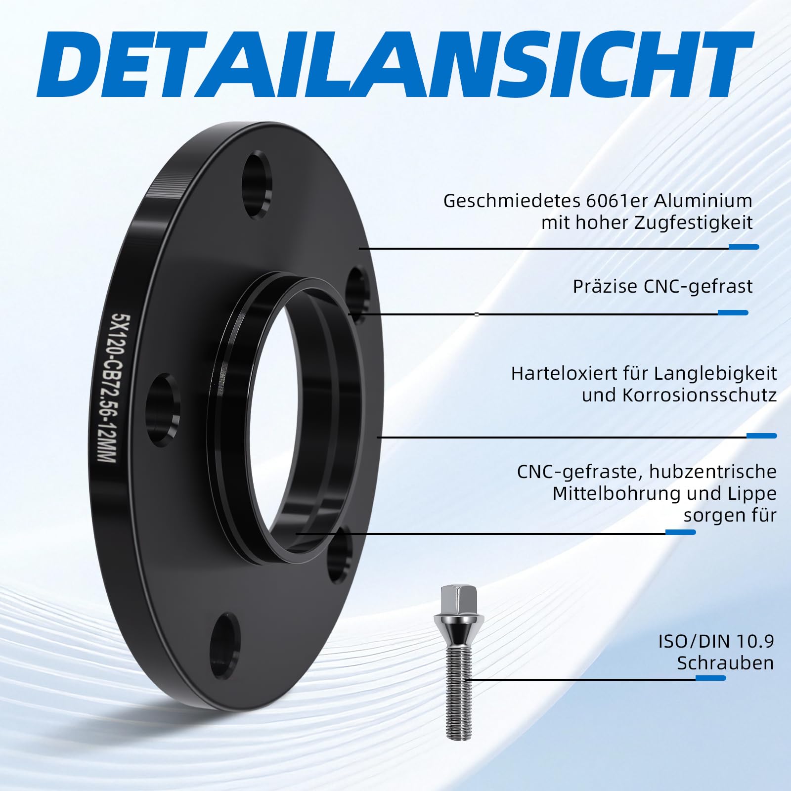 Radnaben-Distanzscheiben-Set, bestehend aus zwei 12-mm-Distanzscheiben, Lochkreis 5x120 mm, Mittenbohrungsdurchmesser 72,6 mm. Passend für BMW 3er E46, E90, E60 und Z4. (2x12mm 5x120 NLB:72.6)