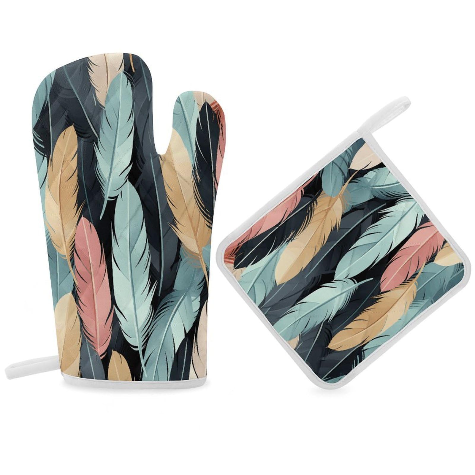Fodpand Women's Style Feather Oven Mitts And Pot Holders Sets,Oven Gloves For Kitchen Oven Mitts And Potholders For Baking Cooking Grilling Apartment Essentials